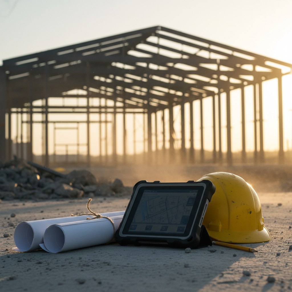Ruggedized tablet on construction blueprints with hard hat at a Central Florida jobsite